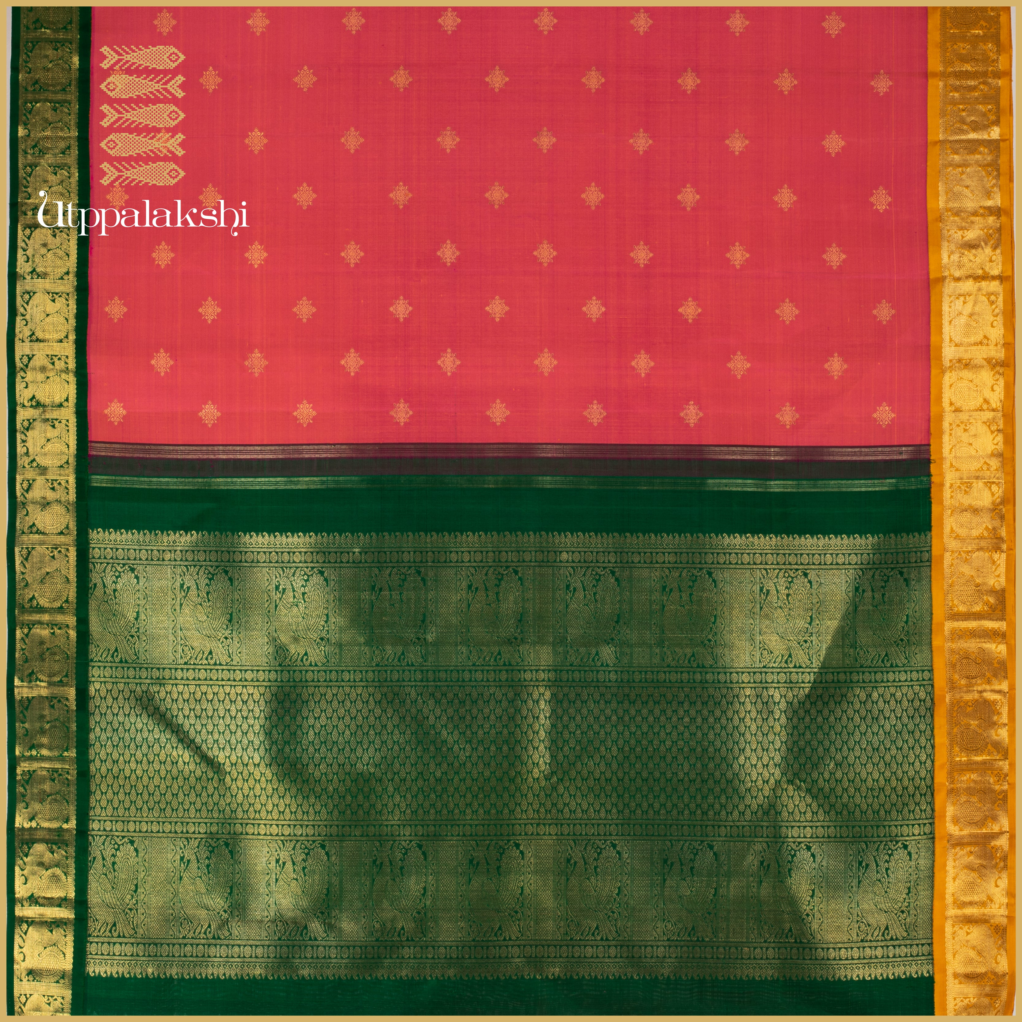 Thakkali Rose with Ganga Jamuna Border and Grand Bottle Green Pallu - AN UTPPALAKSHI HANDWOVEN KANJIVARAM SILK SAREE