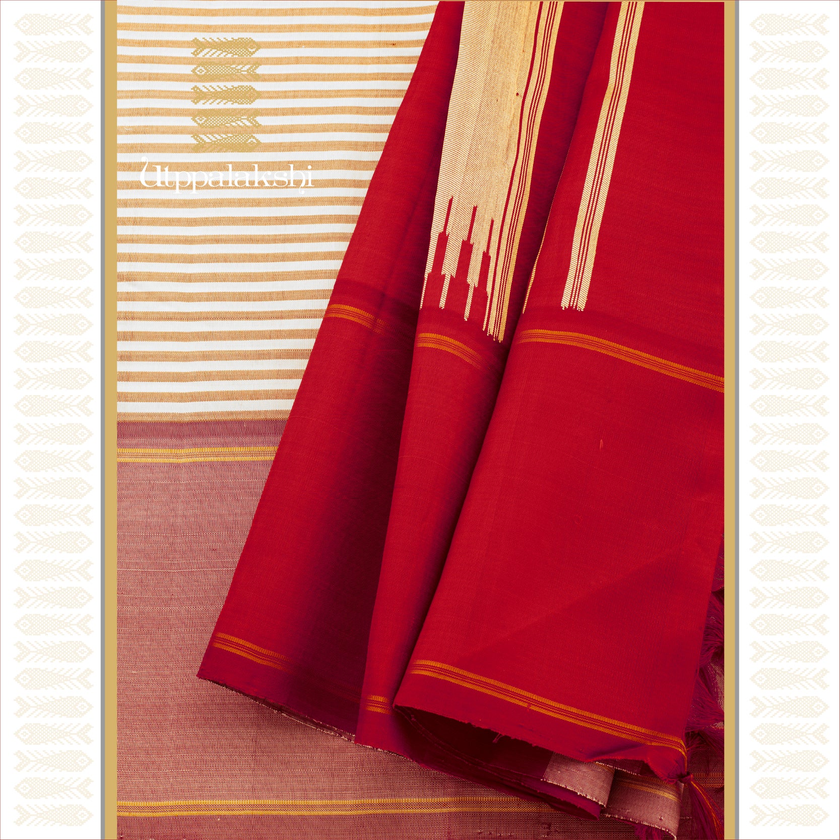 Khaki and Off-White Vazhapoo Stripes with Pastel Pink Border - AN UTPPALAKSHI HANDWOVEN KANJIVARAM SILK SAREE