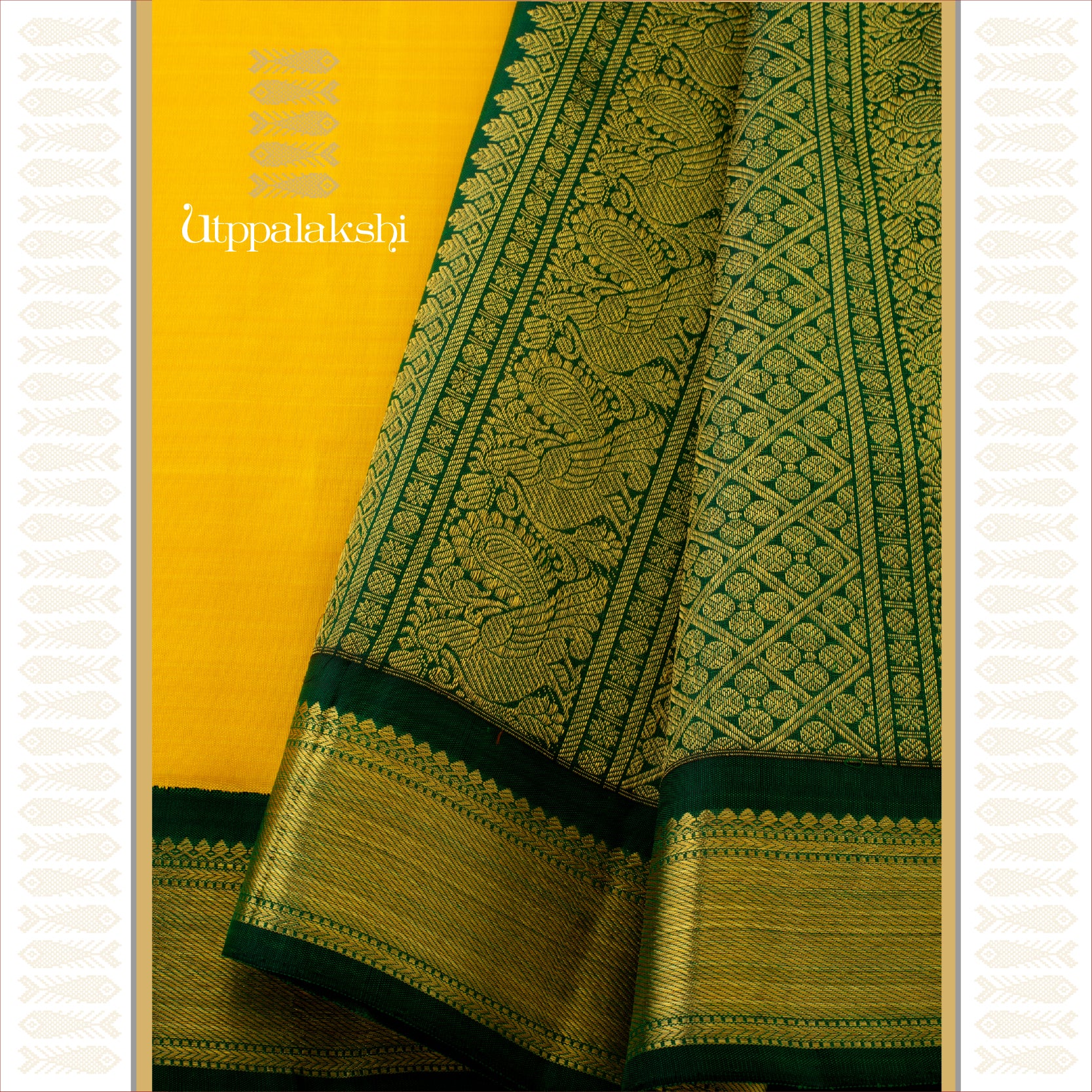 Turmeric Yellow with Bottle Green Korvai and Annam Pallu - AN UTPPALAKSHI HANDWOVEN KANJIVARAM SILK SAREE