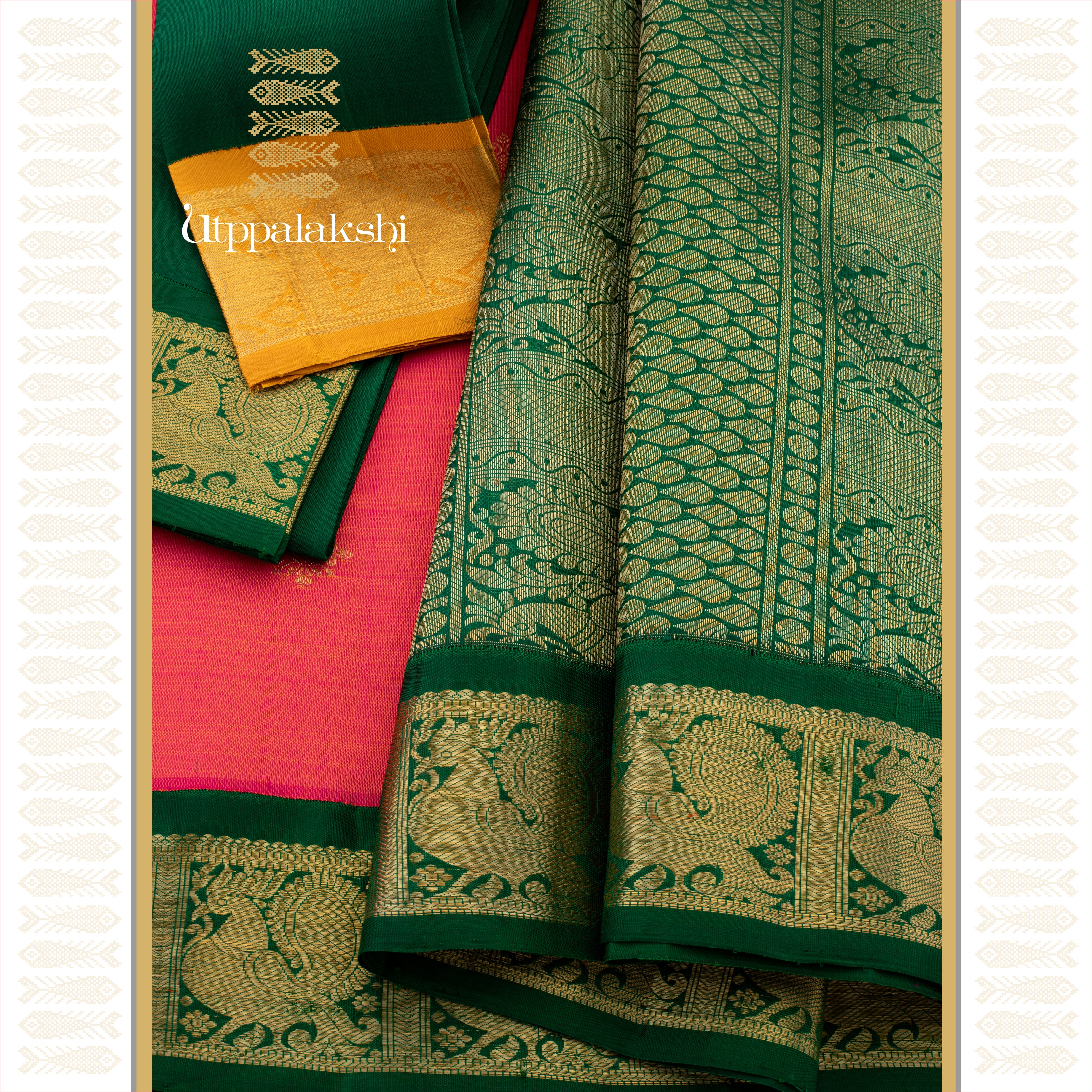 Thakkali Rose with Ganga Jamuna Border and Grand Bottle Green Pallu - AN UTPPALAKSHI HANDWOVEN KANJIVARAM SILK SAREE