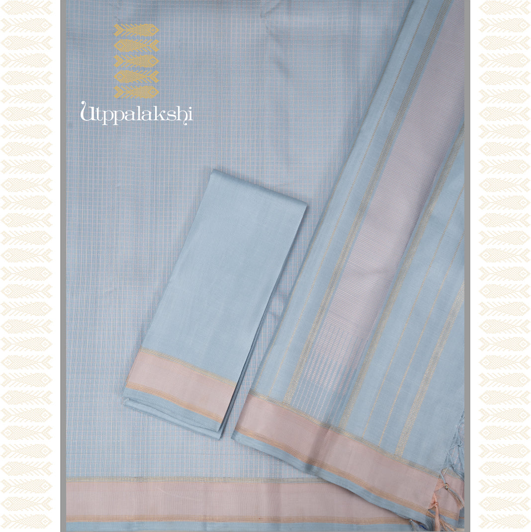 SMOKEY BLUE MUTHU CHECKS-AN UTPPALAKSHI HANDWOVEN KANCHIPURAM SILK SAREE