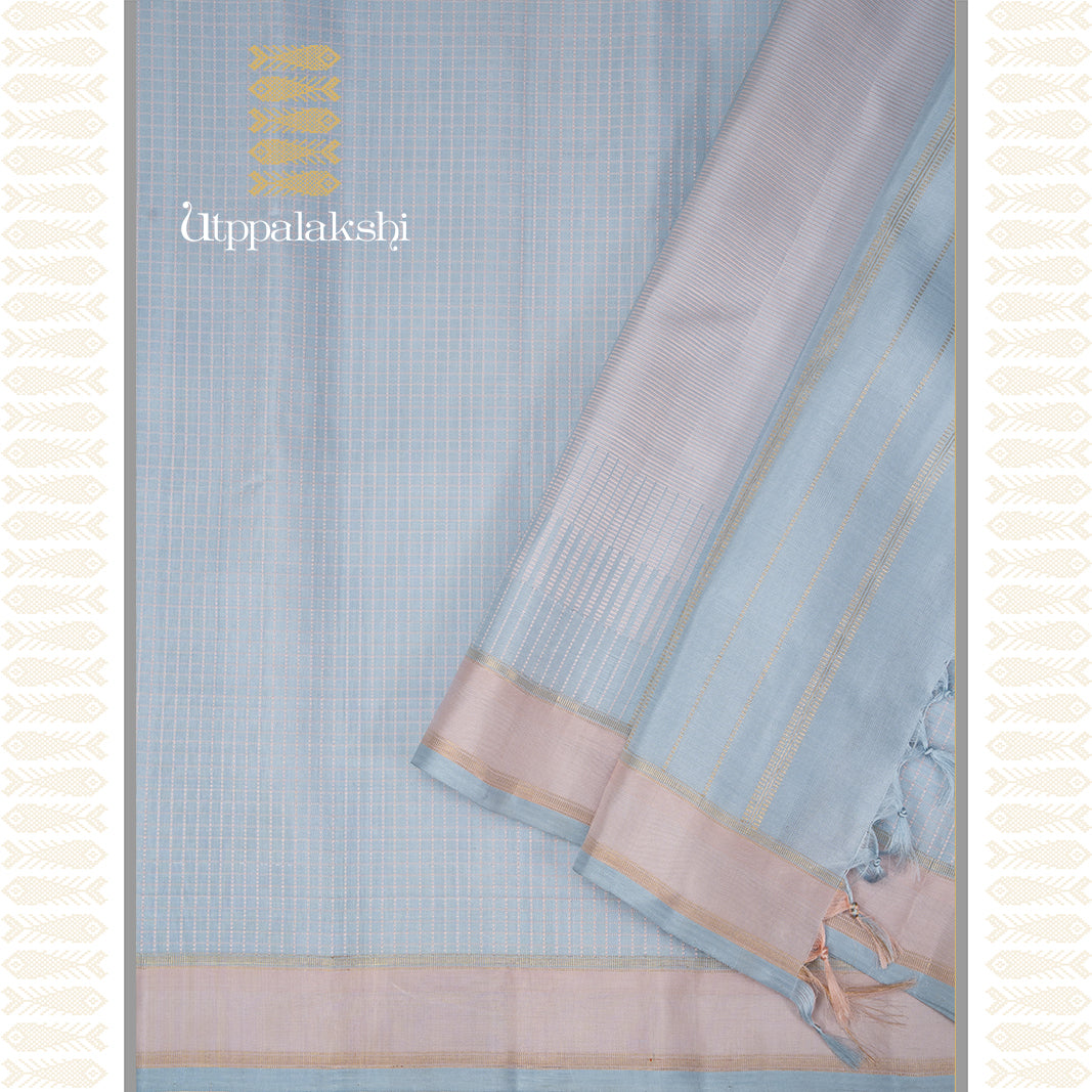 SMOKEY BLUE MUTHU CHECKS-AN UTPPALAKSHI HANDWOVEN KANCHIPURAM SILK SAREE