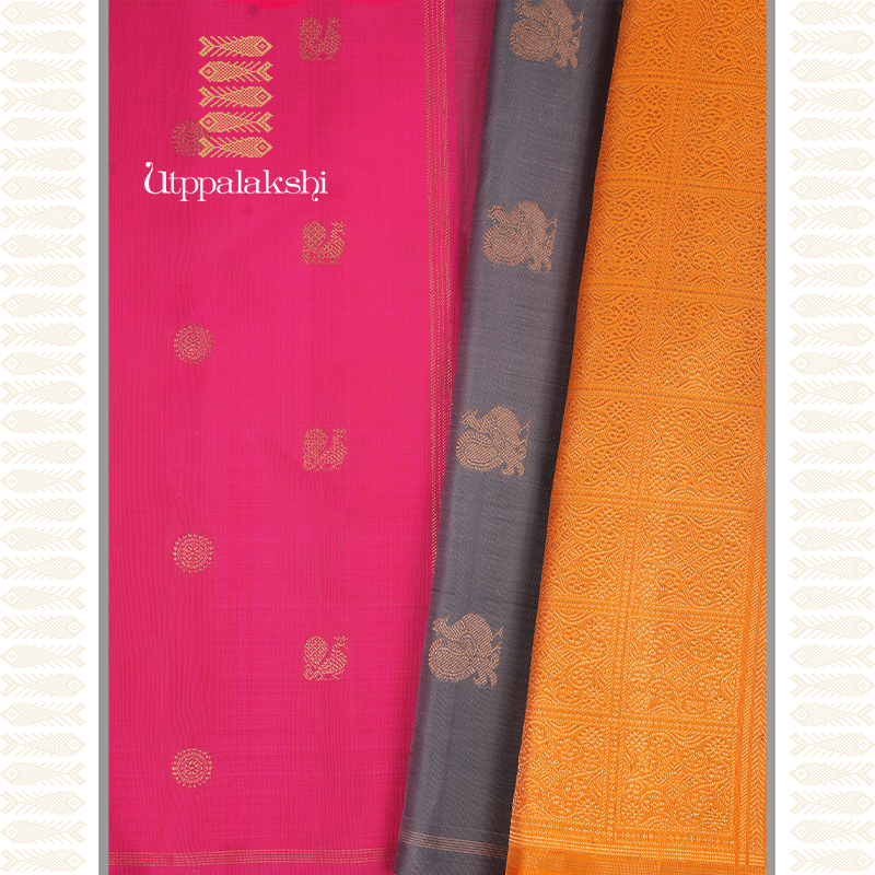 DEEP PINK ANNAM CHAKKARAM WITH DOUBLE COLOUR PALLU-AN UTPPALAKSHI HANDWOVEN KANCHIPURAM SILK SAREE