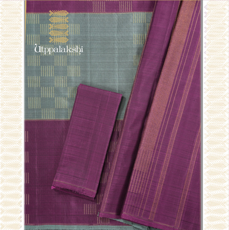 TEAL AND PURPLE BOX DESIGN SAREE _AN UTPPALAKSHI HANDWOVEN KANCHIPURAM SILK SAREE