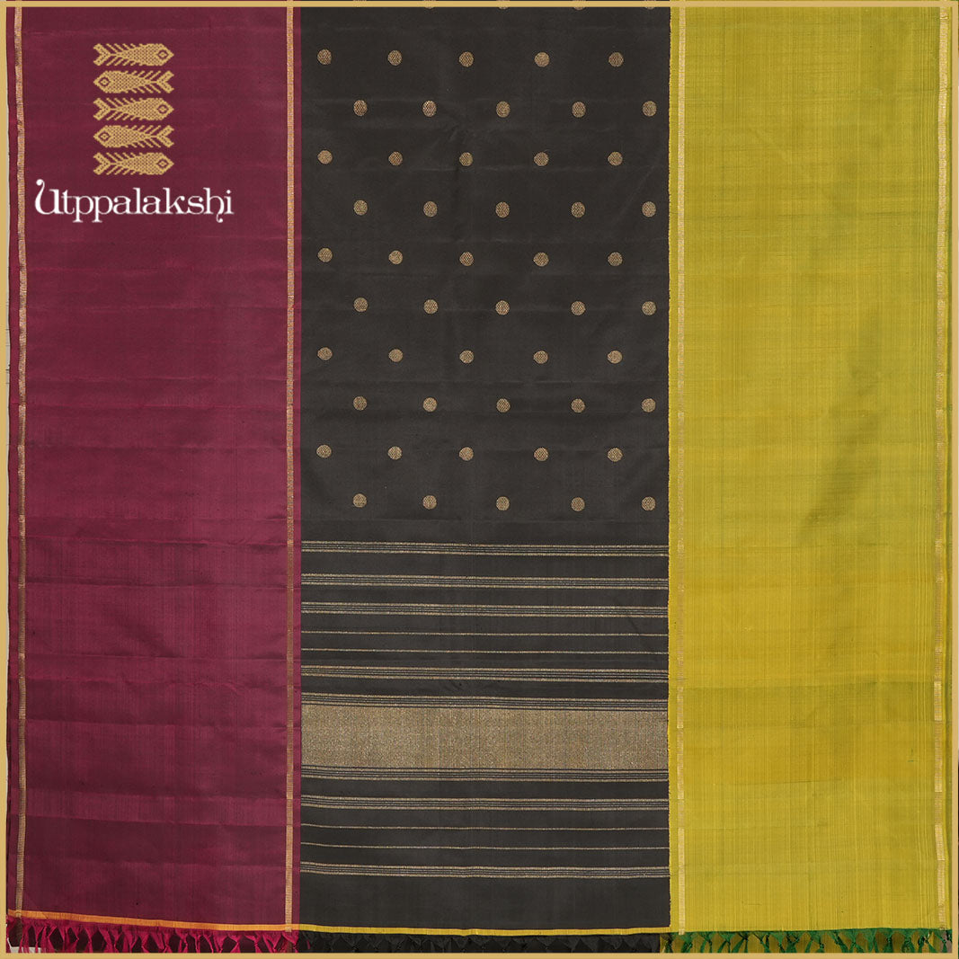 BLACK MUPPAGAM SAREE WITH JARI BUTTA DOUBLE SIDE PALLU -AN UTPPALAKSHI HANDWOVEN KANCHIPURAM SILK SAREE