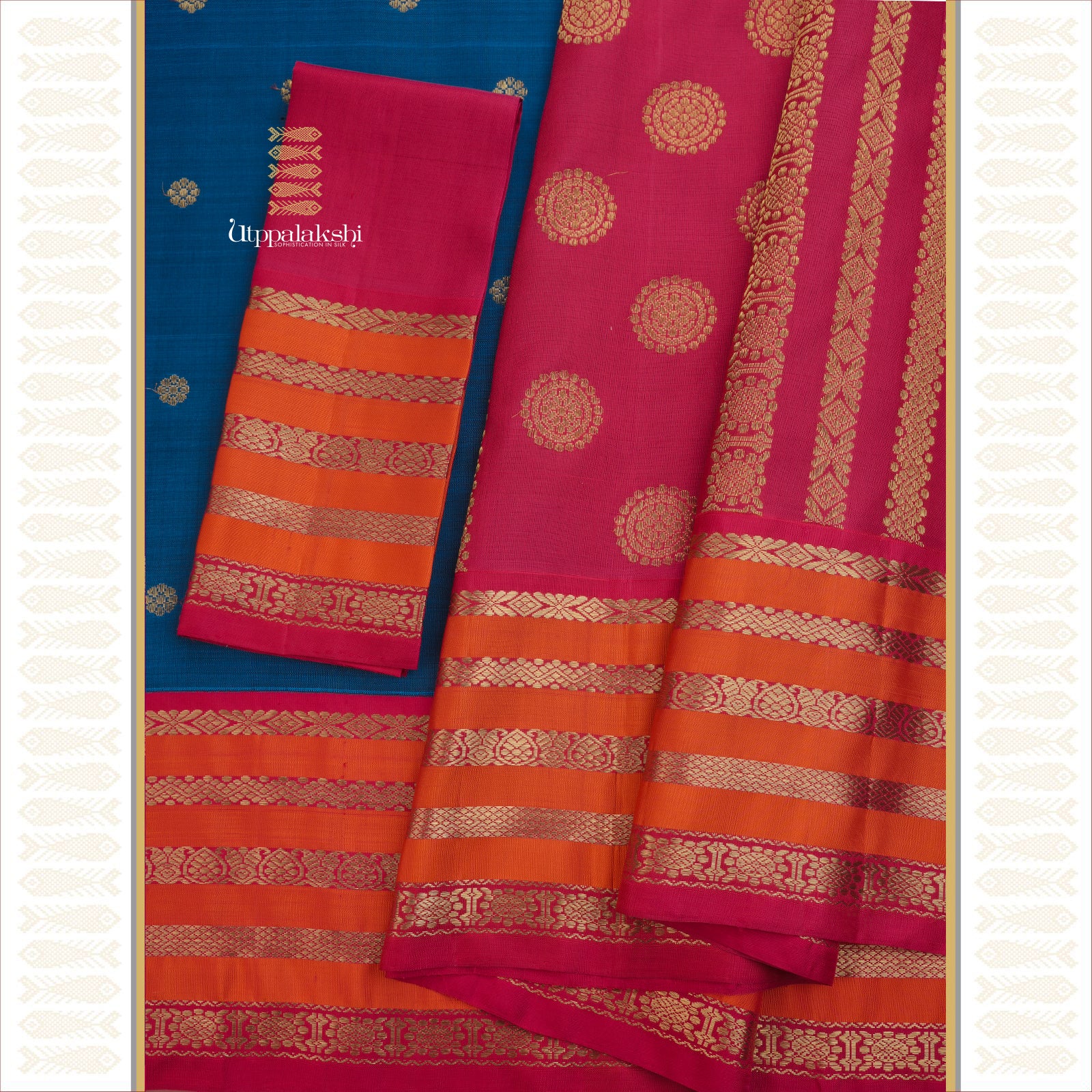 A MASTER WEAVER'S CREATION - TEAL BLUE DEEP MAROON AND ORANGE KORVAI Kalakshetra Style This exquisite pure Kanchipuram silk saree - AN UTPPALAKSHI HANDWOVEN