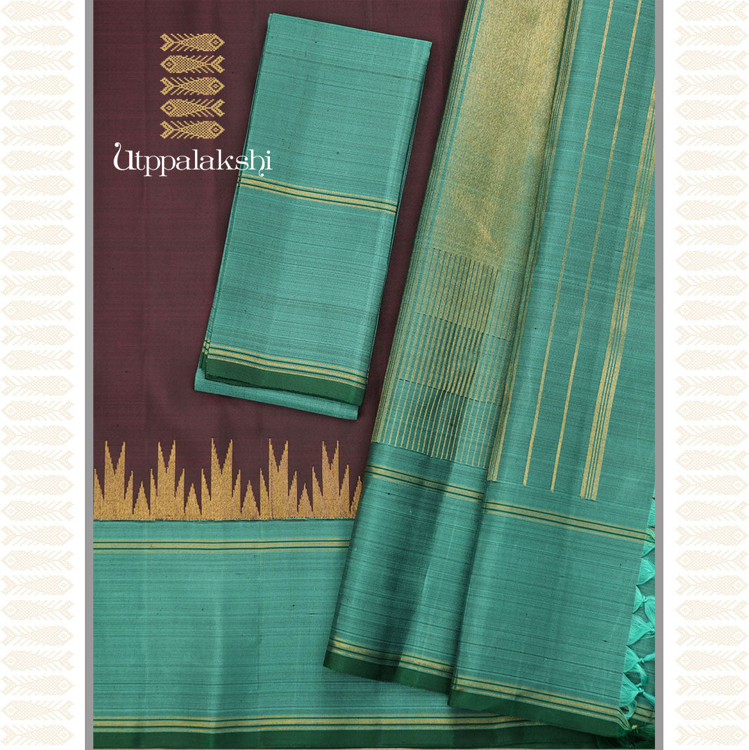 COFFEE BROWN COLOUR SAREE WITH TEAL BLUE -AN UTPPALAKSHI HANDWOVEN KANCHIPURAM SILK SAREE