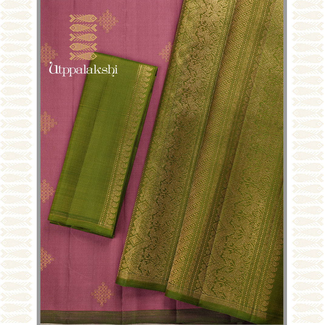 DUSTY PINK KOLAM SAREE WITH GREEN PALLU- AN UTPPALAKSHI HANDWOVEN KANCHIPURAM SILK SAREE