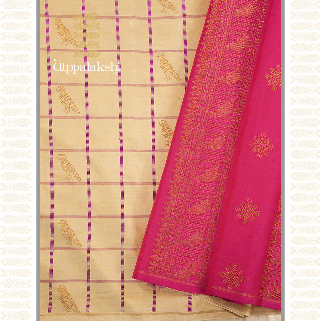 OFF WHITE PURPLE KATTAM SAREE WITH PINK PALLU-AN UTPPALAKSHI HANDWOVEN KANCHIPURAM