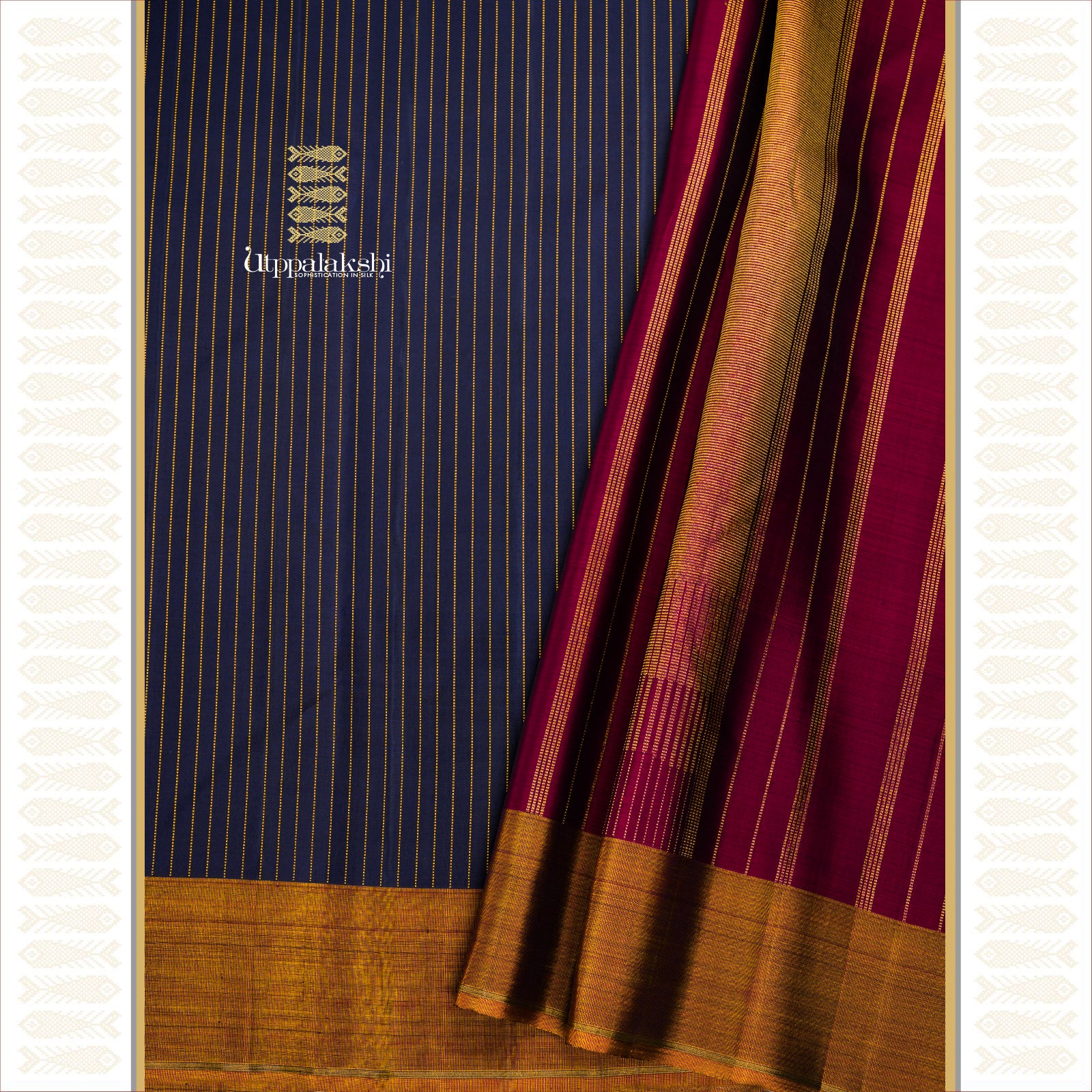 Kanchanam Colour with Muthu Kattam Lines and Honey Colour Border with Minimal Zari Pallu – An Utppalakshi Handwoven Kanjivaram Silk Saree