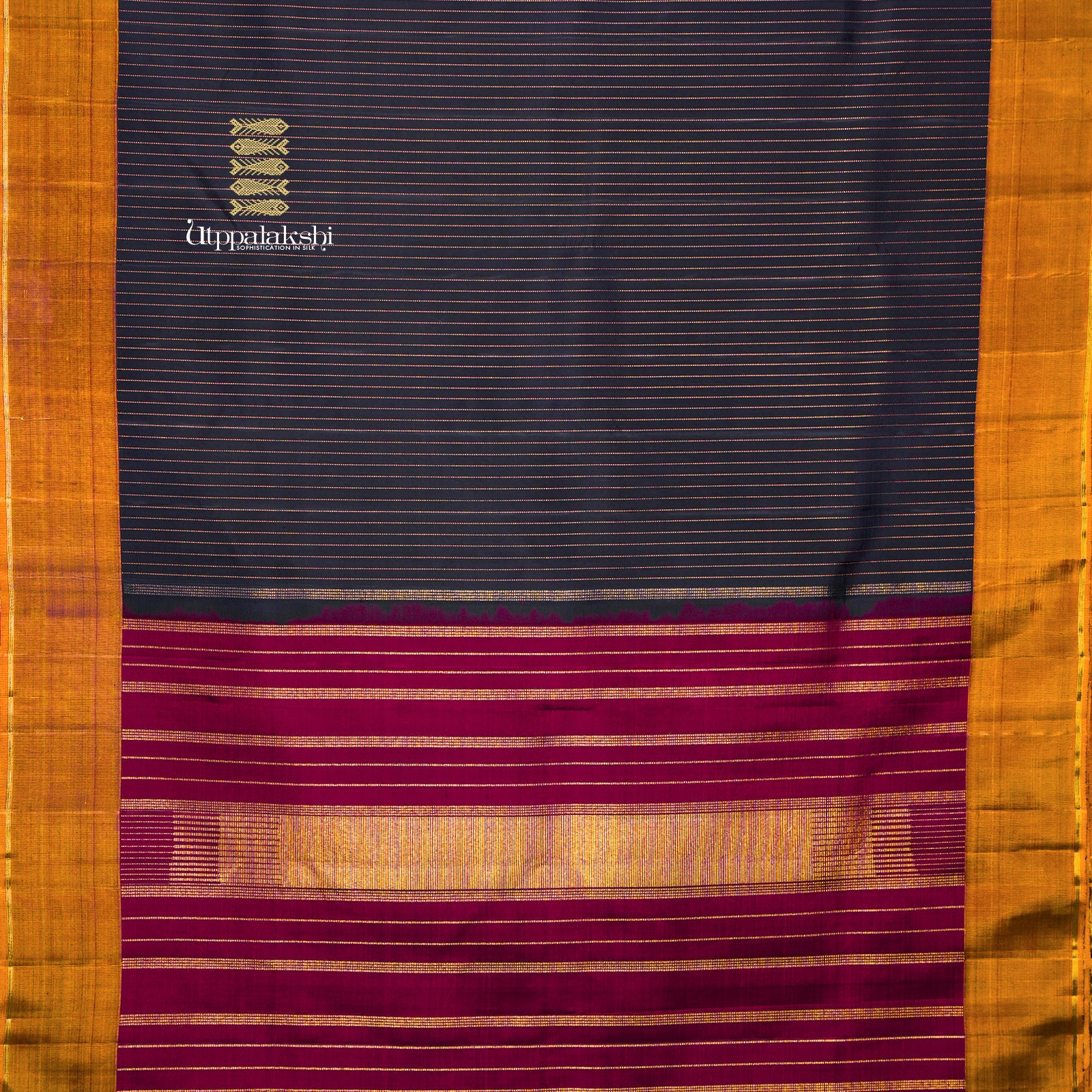 Kanchanam Colour with Muthu Kattam Lines and Honey Colour Border with Minimal Zari Pallu – An Utppalakshi Handwoven Kanjivaram Silk Saree
