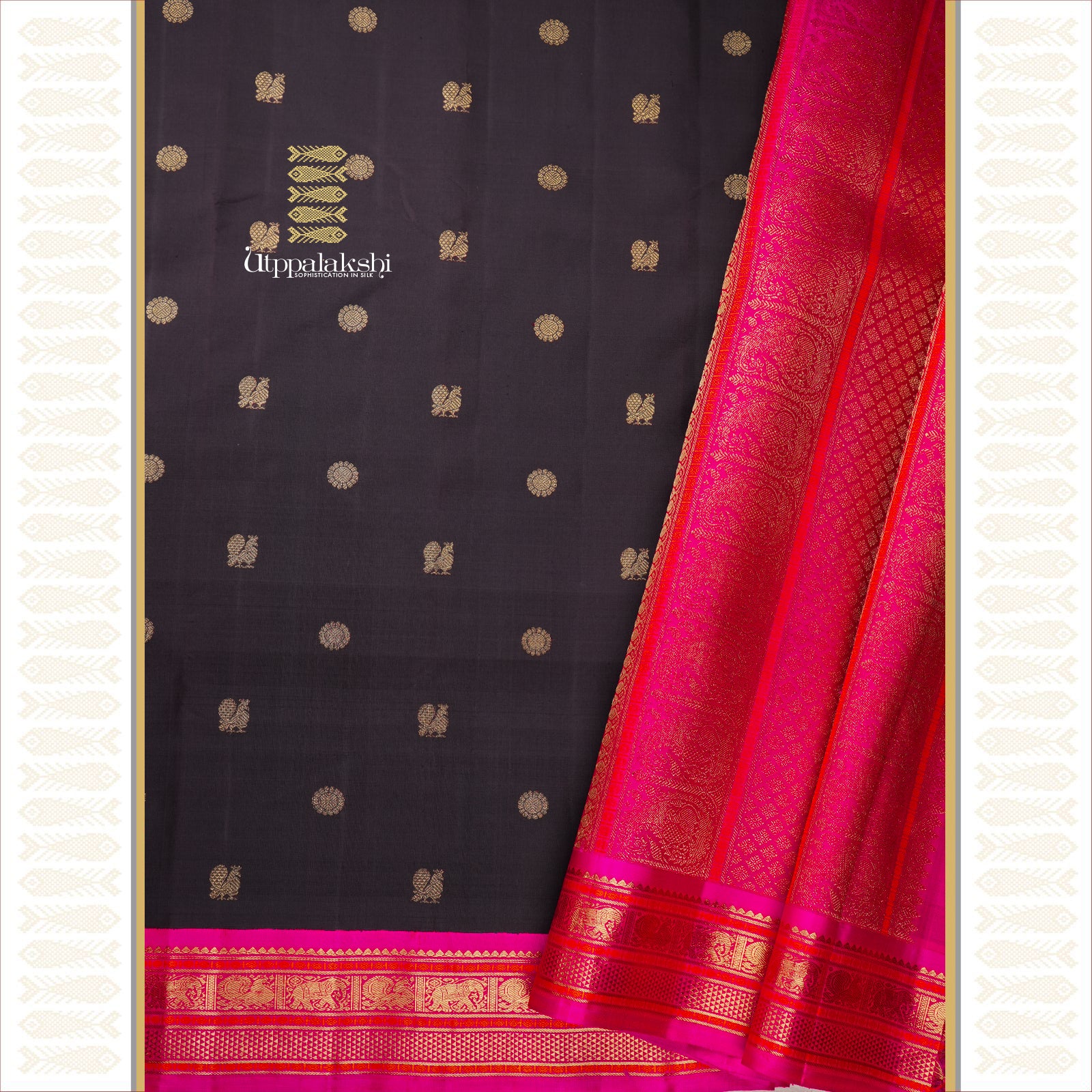 Dark Kanchana with Zari Annam and Chakaram Motifs and Rani Pink Contrast Border with Brocade Pallu – An Utppalakshi Handwoven Kanjivaram Silk Saree