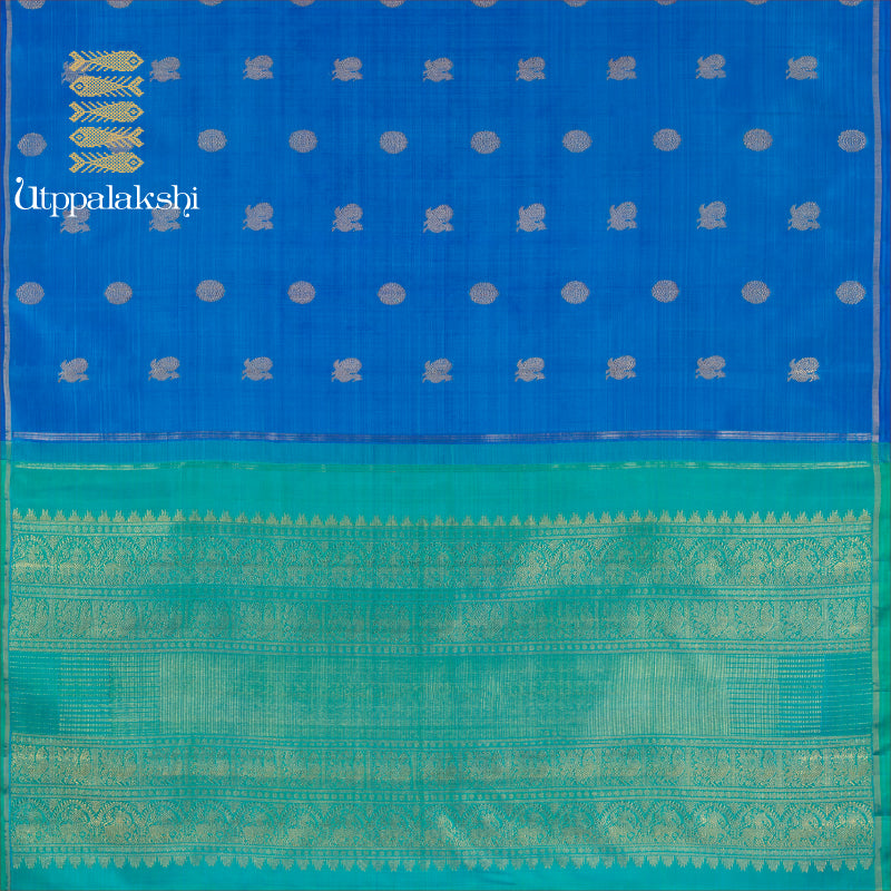 UTPPALAKSHI HANDWOVEN KANJIVARAM SILK SAREE BLUE AND SEA GREEN ANNAM CHAKRAM NO BORDER