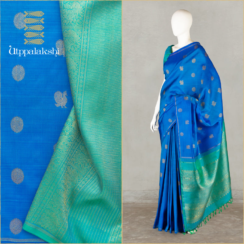 UTPPALAKSHI HANDWOVEN KANJIVARAM SILK SAREE BLUE AND SEA GREEN ANNAM CHAKRAM NO BORDER