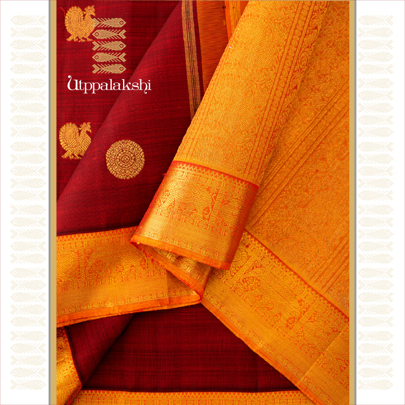 UTPPALAKSHI HANDWOVEN KANJIVARAM SILK SAREE MAROON MUSTARD ANNAM CHAKRAM