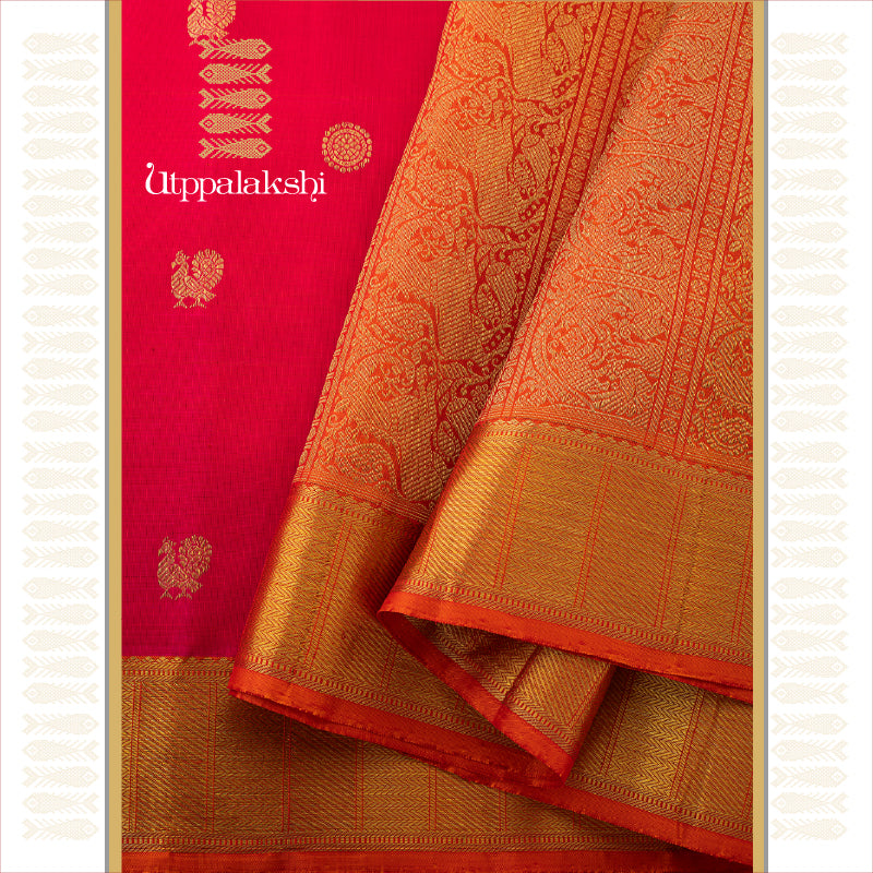 UTPPALAKSHI HANDWOVEN KANJIVARAM SILK PARTLY PALLU SAREE PINK AND ORANGE WITH ANNAM CHAKRAM