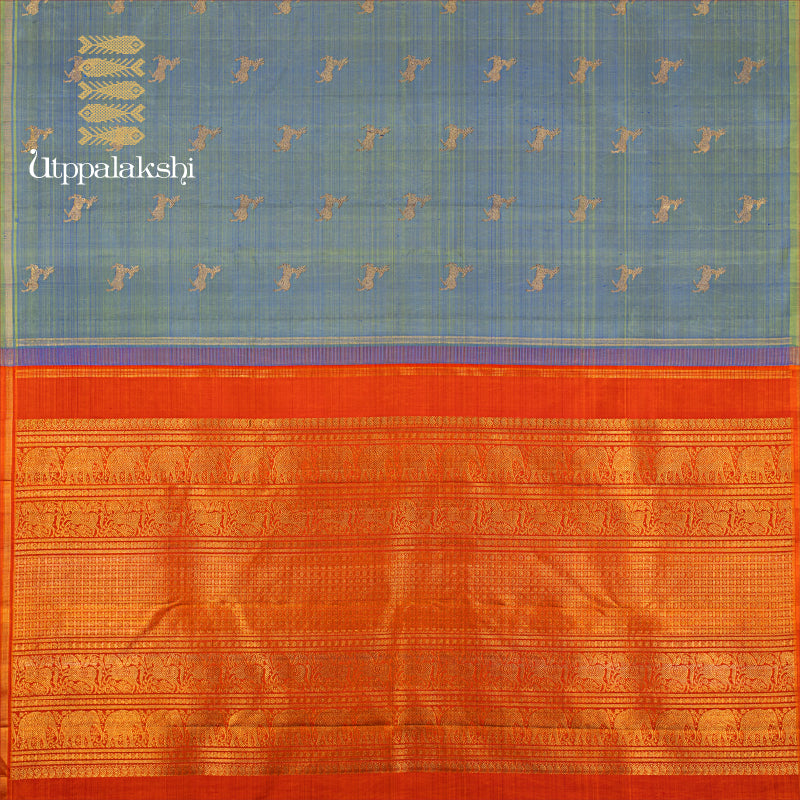 UTPPALAKSHI HANDWOVEN KANJIVARAM SILK SAREE BLUE AND ORANGE NO BORDER