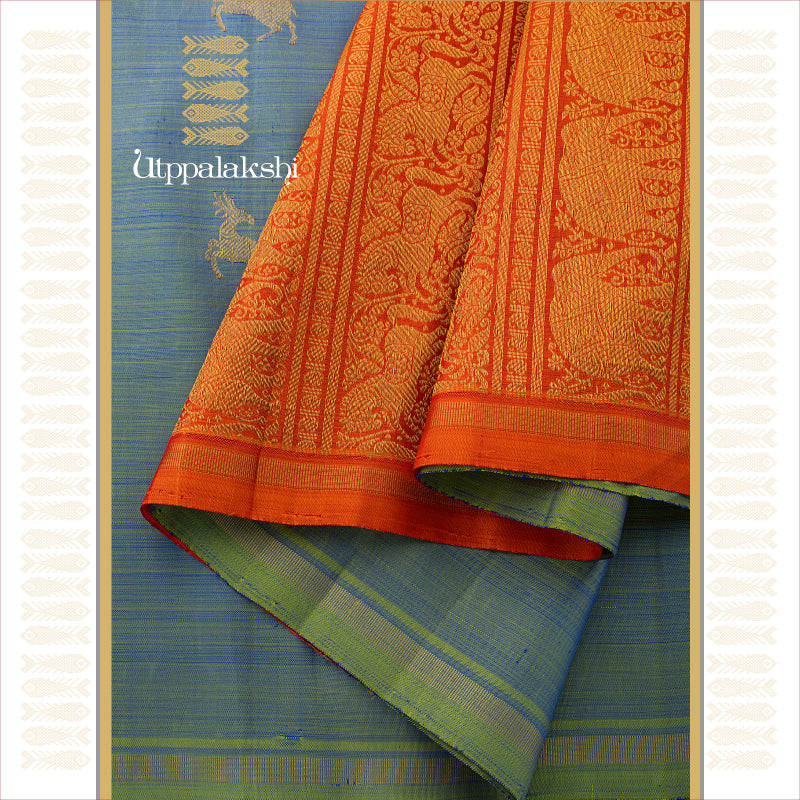 UTPPALAKSHI HANDWOVEN KANJIVARAM SILK SAREE BLUE AND ORANGE NO BORDER