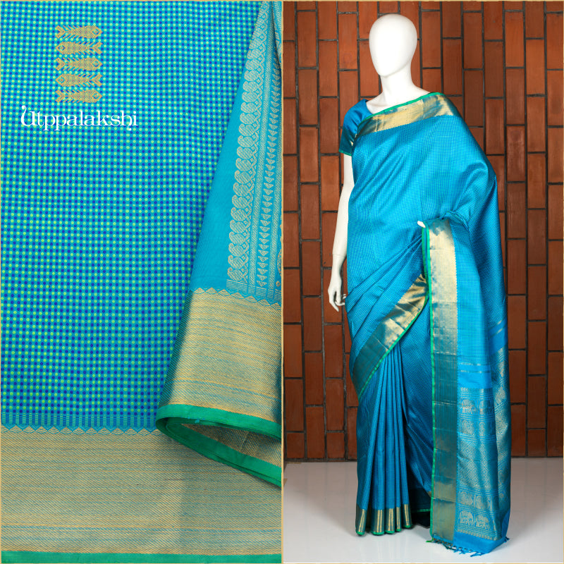 UTPPALAKSHI HANDWOVEN KANJIVARAM SILK SAREE BLUE JACQUARD WITH GETTI ZARI BORDER
