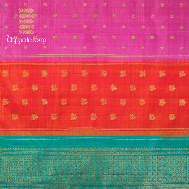 UTPPALAKSHI HANDWOVEN KANJIVARAM SILK PARTLY PALLU SAREE PINK ORANGE SEA GREEN ANNAM CHAKRAM NO BORDER