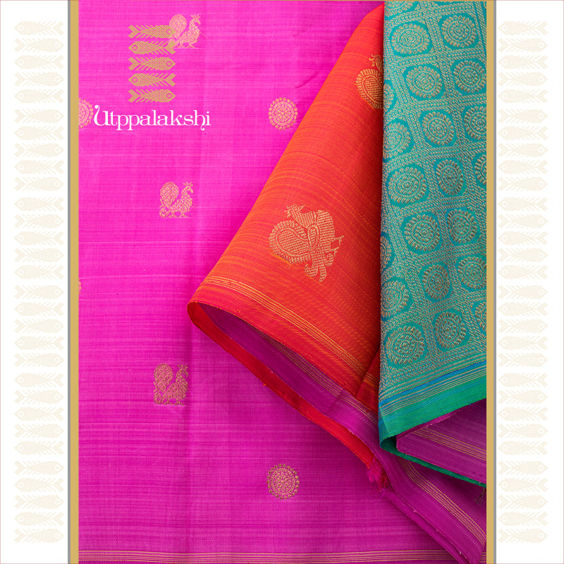 UTPPALAKSHI HANDWOVEN KANJIVARAM SILK PARTLY PALLU SAREE PINK ORANGE SEA GREEN ANNAM CHAKRAM NO BORDER