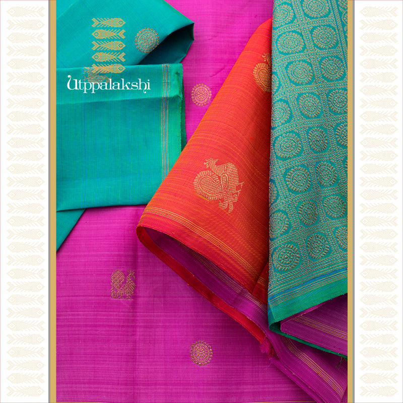 UTPPALAKSHI HANDWOVEN KANJIVARAM SILK PARTLY PALLU SAREE PINK ORANGE SEA GREEN ANNAM CHAKRAM NO BORDER