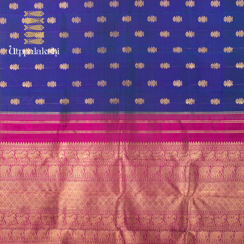 UTPPALAKSHI HANDWOVEN KANJIVARAM SILK SAREE PEACOCK BLUE AND MAGENTA GANDABERUNDA
