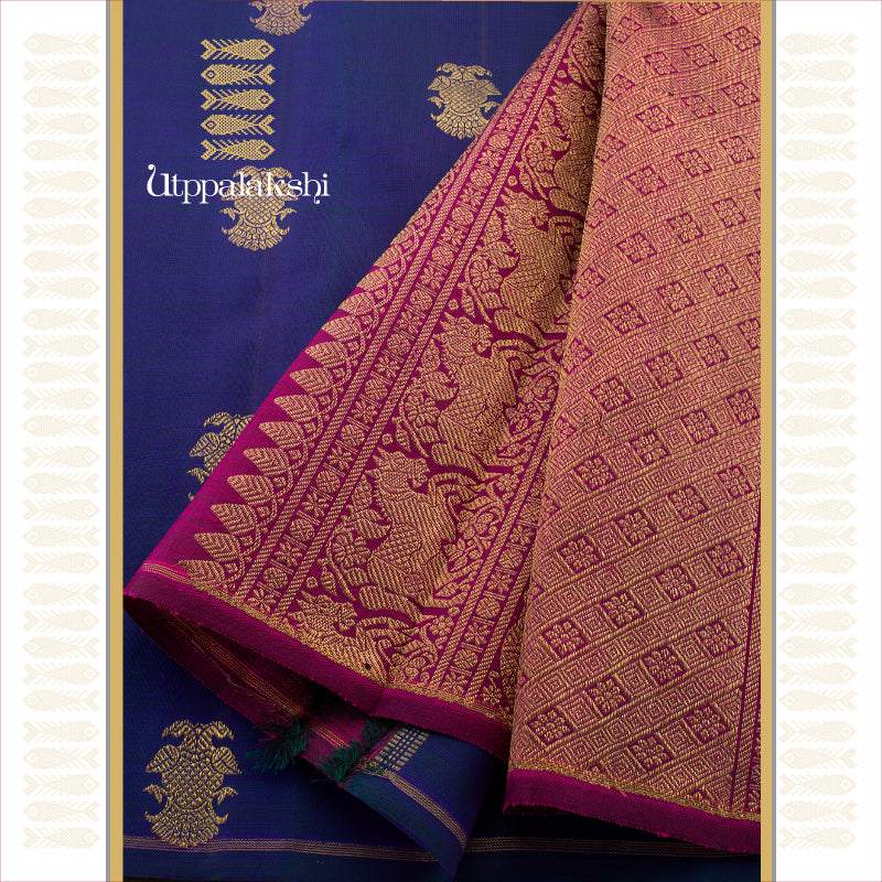 UTPPALAKSHI HANDWOVEN KANJIVARAM SILK SAREE PEACOCK BLUE AND MAGENTA GANDABERUNDA