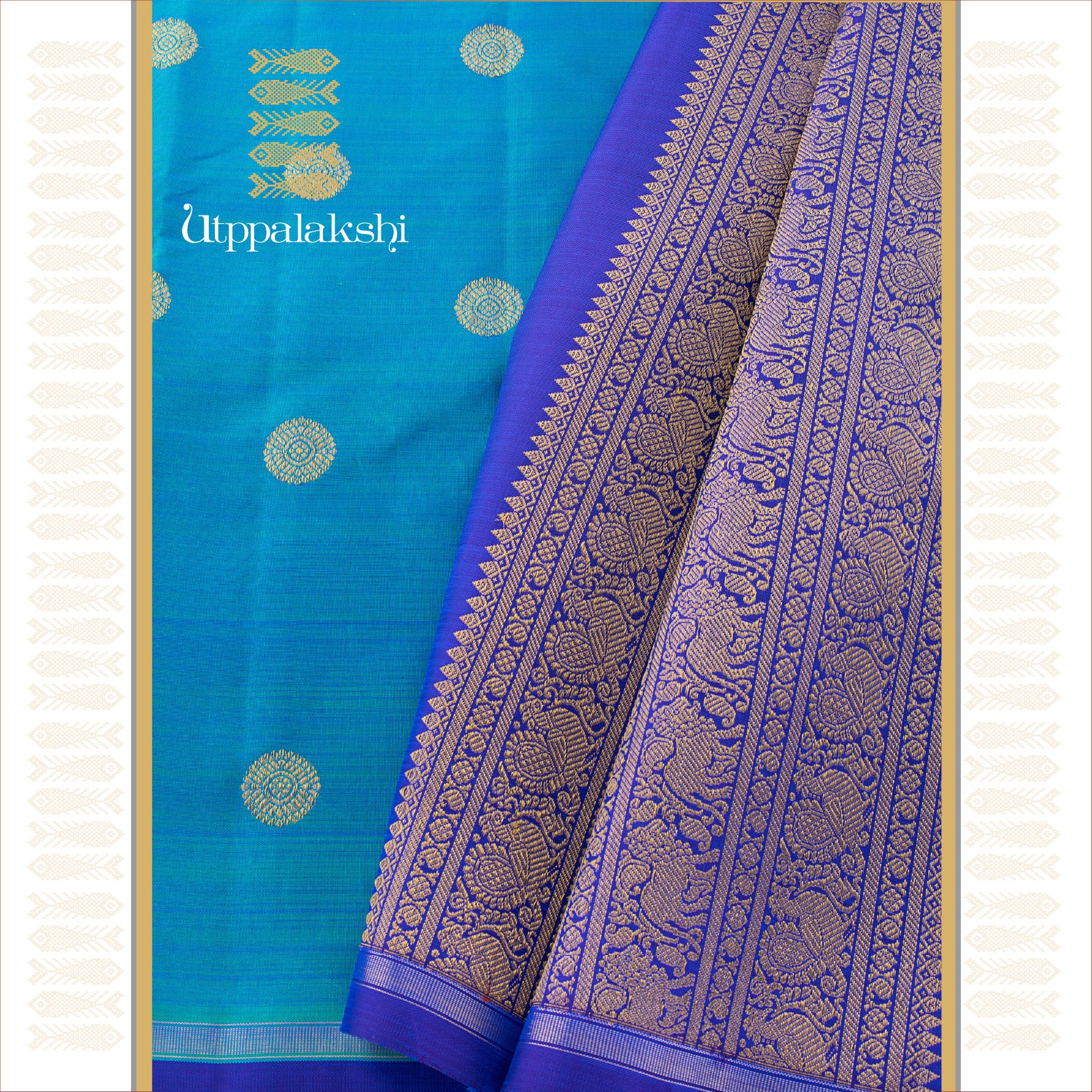 UTPPALAKSHI HANDWOVEN KANJIVARAM SILK SAREE PEACOCK BLUE AND DEEP BLUE