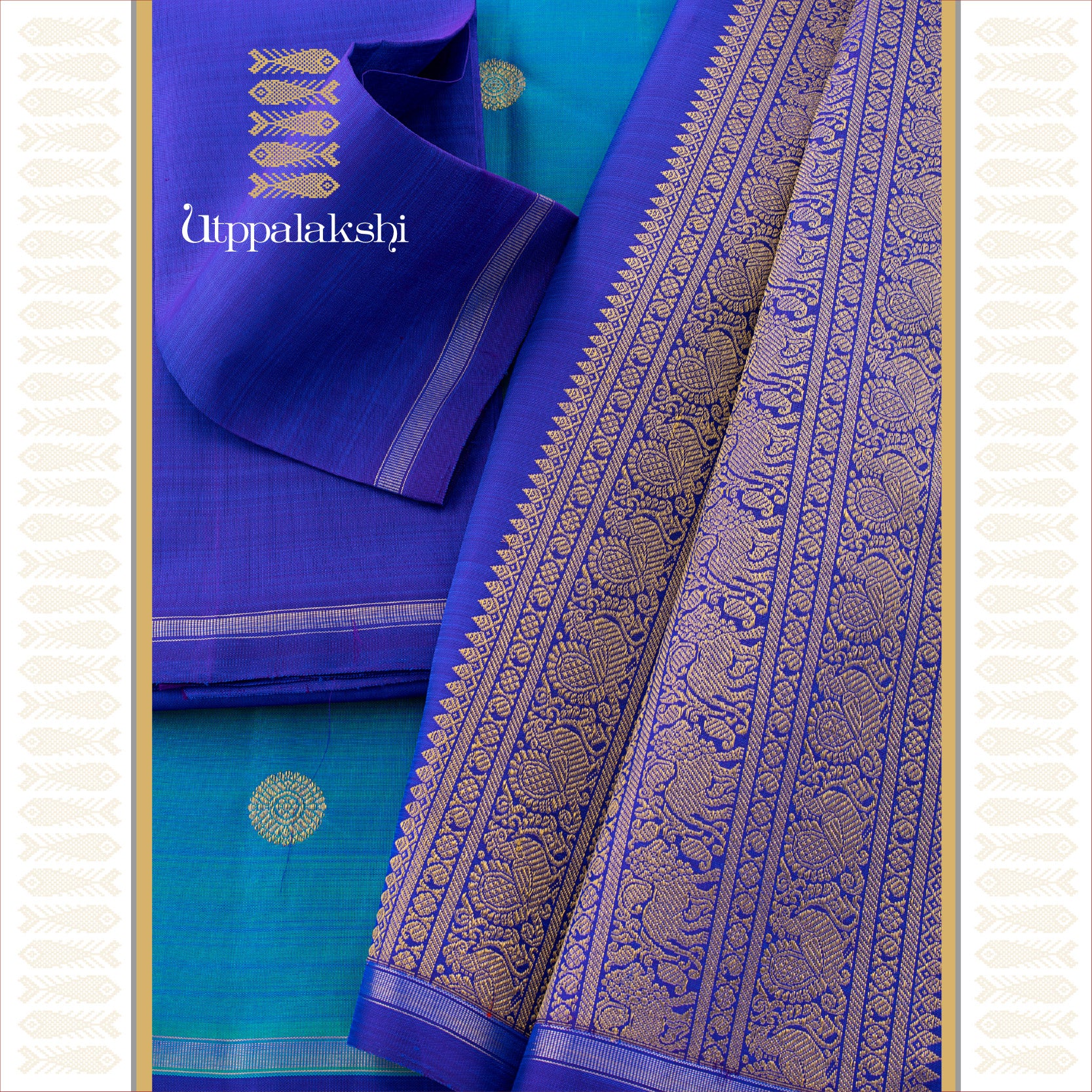UTPPALAKSHI HANDWOVEN KANJIVARAM SILK SAREE PEACOCK BLUE AND DEEP BLUE