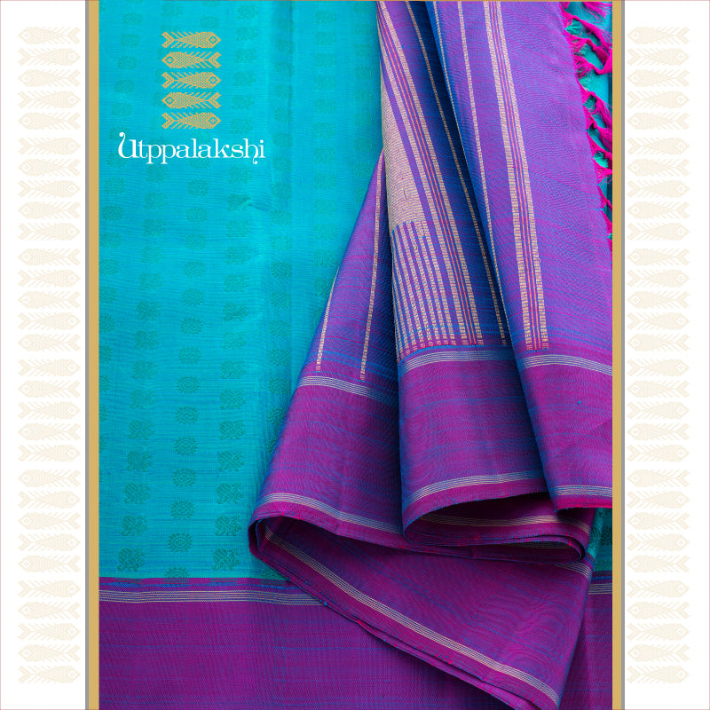 UTPPALAKSHI HANDWOVEN KANJIVARAM SILK SAREE BLUE PURPLE ANNAM CHAKRAM THREADWORK