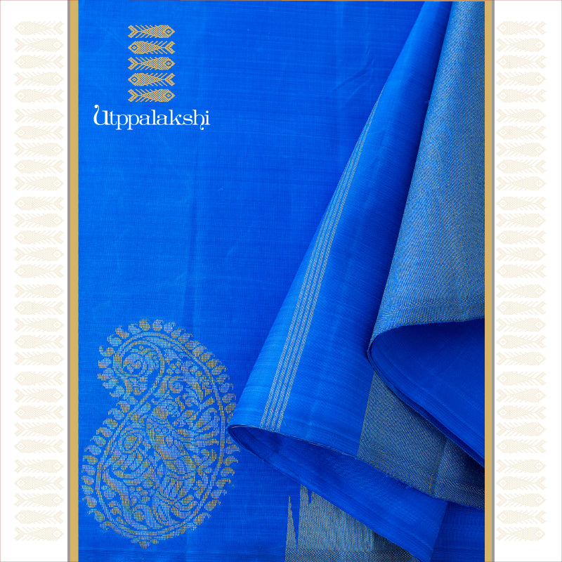 UTPPALAKSHI HANDWOVEN KANJIVARAM SILK SAREEBLUE MANGO CORNER MOTIF TISSUE PALLU