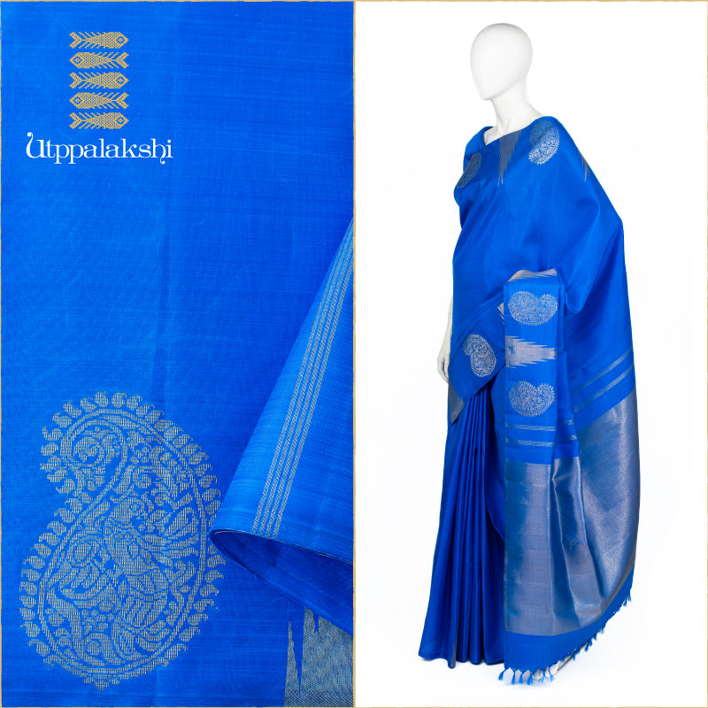 UTPPALAKSHI HANDWOVEN KANJIVARAM SILK SAREEBLUE MANGO CORNER MOTIF TISSUE PALLU