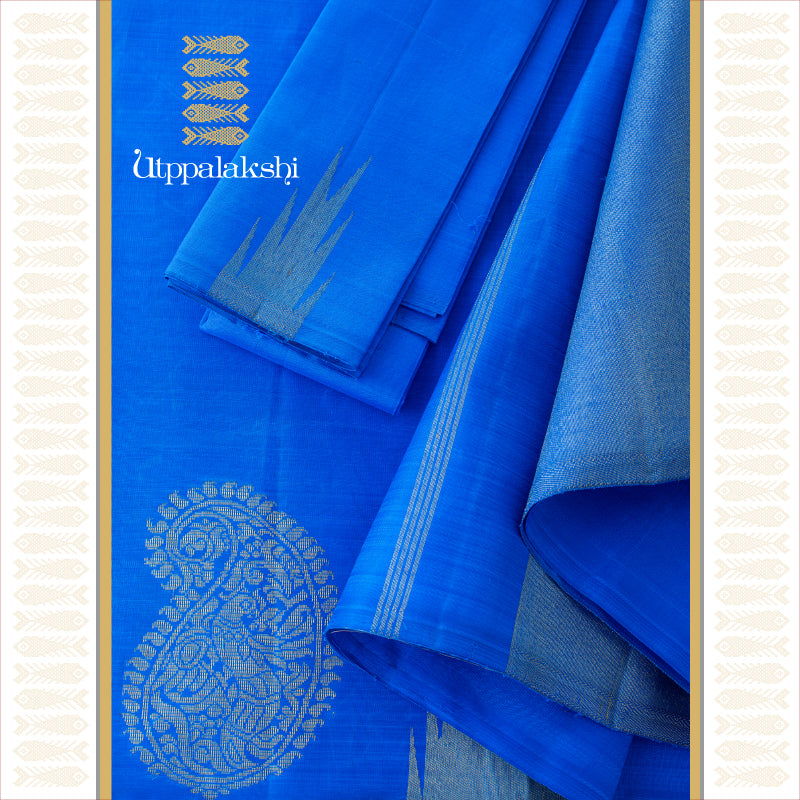 UTPPALAKSHI HANDWOVEN KANJIVARAM SILK SAREEBLUE MANGO CORNER MOTIF TISSUE PALLU
