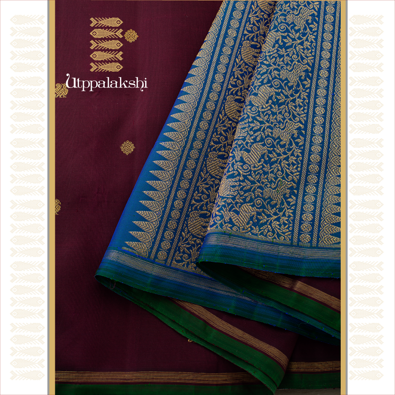 UTPPALAKSHI HANDWOVEN KANJIVARAM SILK SAREE COFFEE BROWN AND BLUE WITH BUTTA NO BORDER