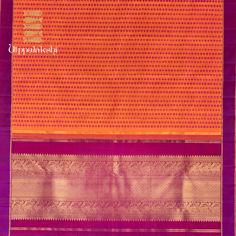 UTPPALAKSHI HANDWOVEN KANJIVARAM SILK SAREE KUMKUM ORANGE AND PURPLE THREADWORK