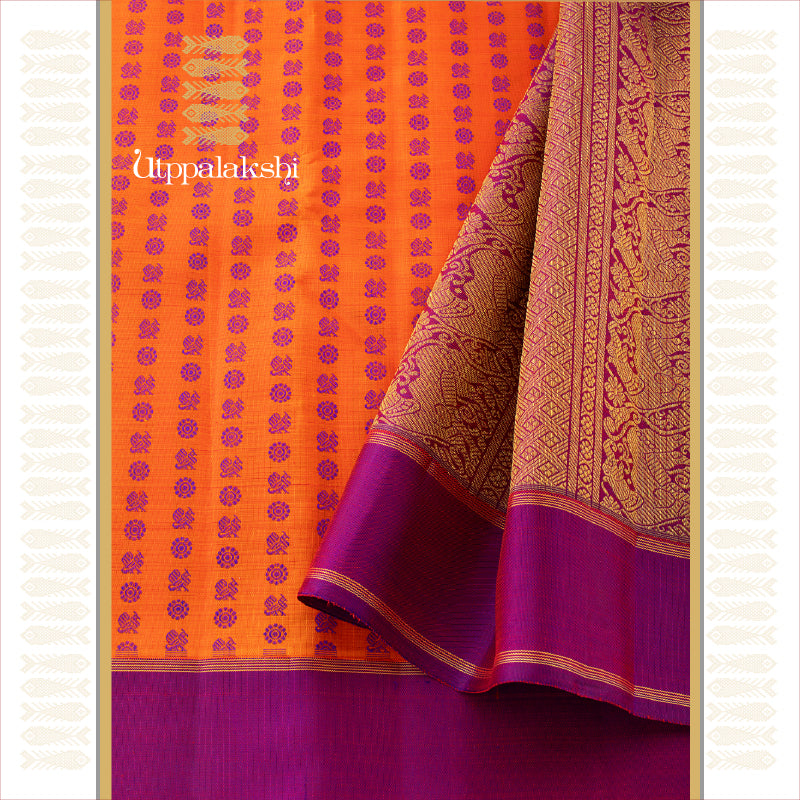 UTPPALAKSHI HANDWOVEN KANJIVARAM SILK SAREE KUMKUM ORANGE AND PURPLE THREADWORK