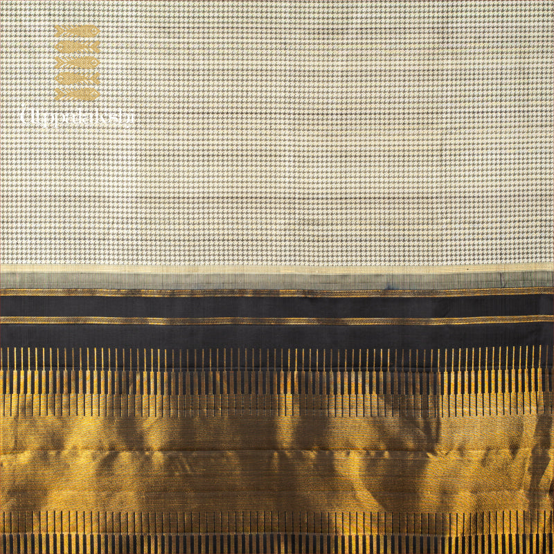 UTPPALAKSHI HANDWOVEN KANJIVARAM SILK SAREE BLACK AND WHITE HOUNDSTOOTH PATTERN NO BORDER