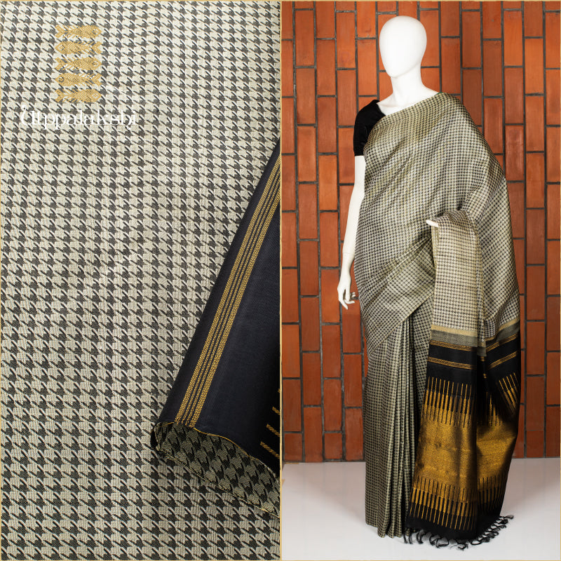 UTPPALAKSHI HANDWOVEN KANJIVARAM SILK SAREE BLACK AND WHITE HOUNDSTOOTH PATTERN NO BORDER