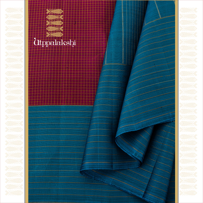 UTPPALAKSHI HANDWOVEN KANJIVARAM SILK SAREE DEEP MAROON AND TEAL MUTTUKATTAM