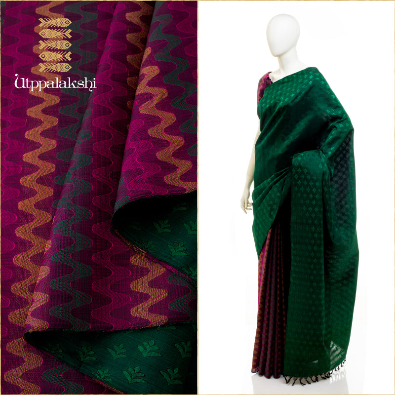 UTPPALAKSHI HANDWOVEN KANJIVARAM SILK SAREE MAGENTA GREEN JANGLA