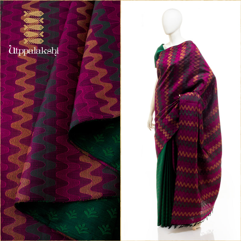 UTPPALAKSHI HANDWOVEN KANJIVARAM SILK SAREE MAGENTA GREEN JANGLA