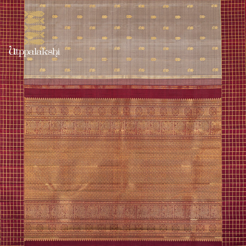 UTPPALAKSHI HANDWOVEN KANJIVARAM SILK SAREE BEIGE MAROON AND CHECK BORDER