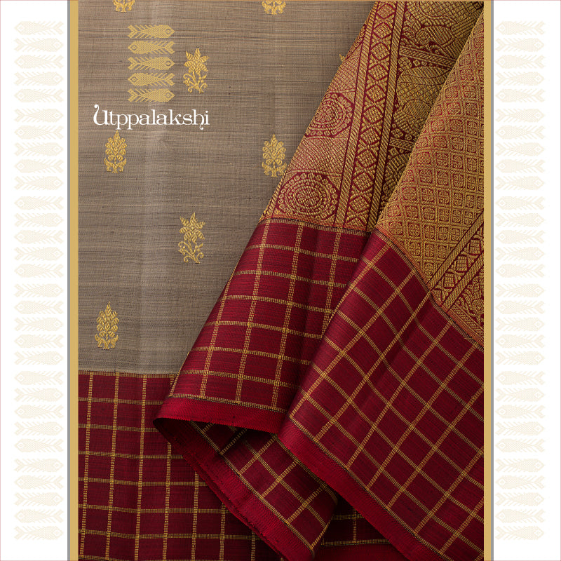 UTPPALAKSHI HANDWOVEN KANJIVARAM SILK SAREE BEIGE MAROON AND CHECK BORDER