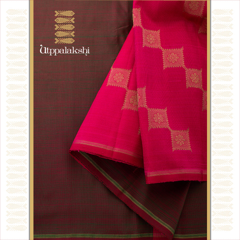 UTPPALAKSHI HANDWOVEN KANJIVARAM SILK SAREE MANDULIR AND MAGENTA NO BORDER