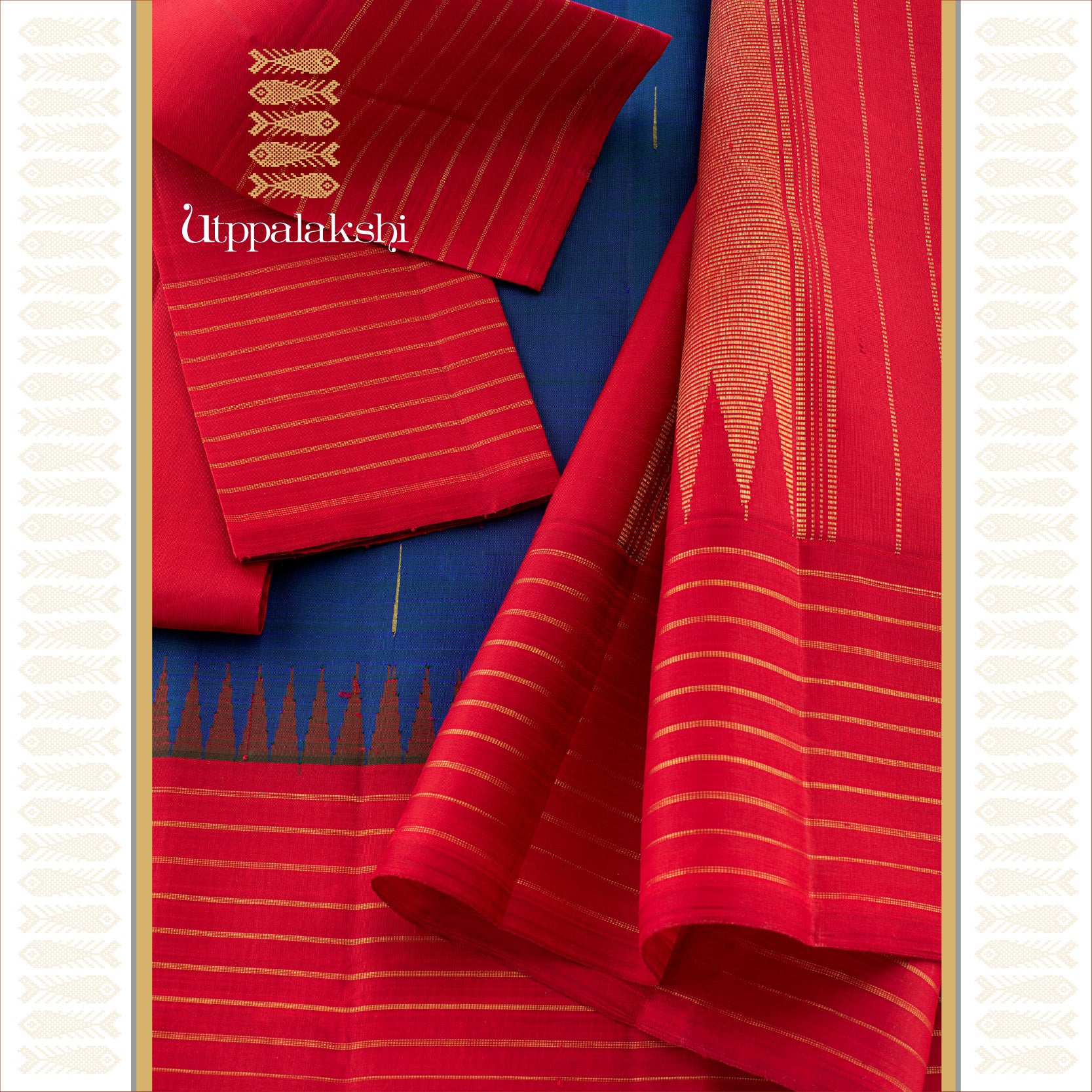 UTPPALAKSHI HANDWOVEN KANJIVARAM SILK SAREE MS BLUE AND RED RAINDROPS