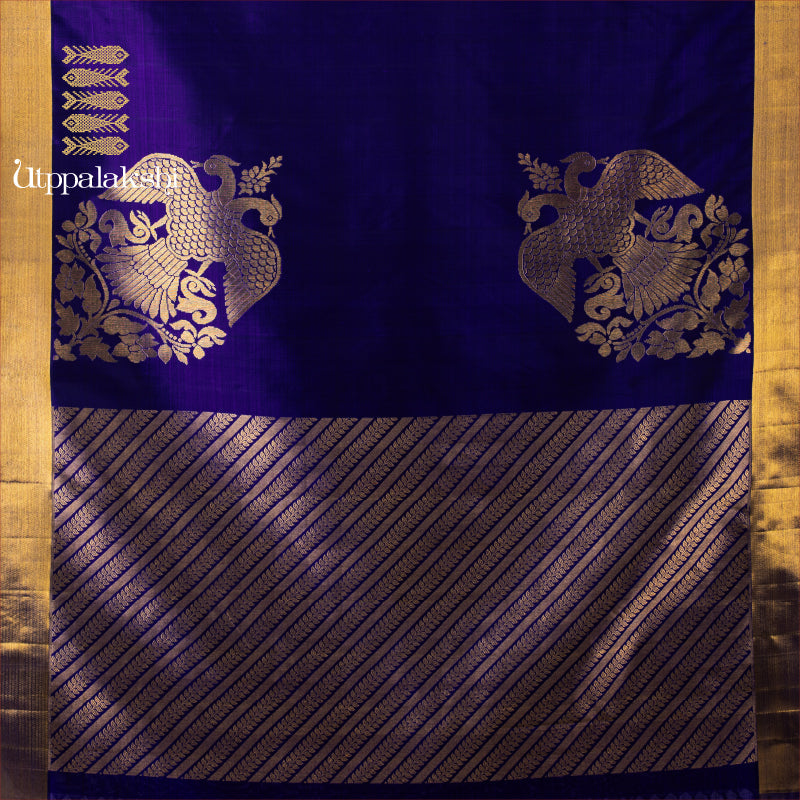 UTPPALAKSHI HANDWOVEN KANJIVARAM SILK SAREE MS BLUE CORNER MOTIF GANDABERUNDA