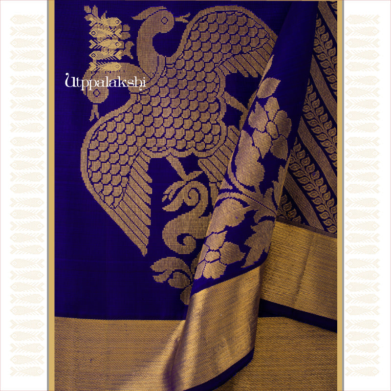 UTPPALAKSHI HANDWOVEN KANJIVARAM SILK SAREE MS BLUE CORNER MOTIF GANDABERUNDA