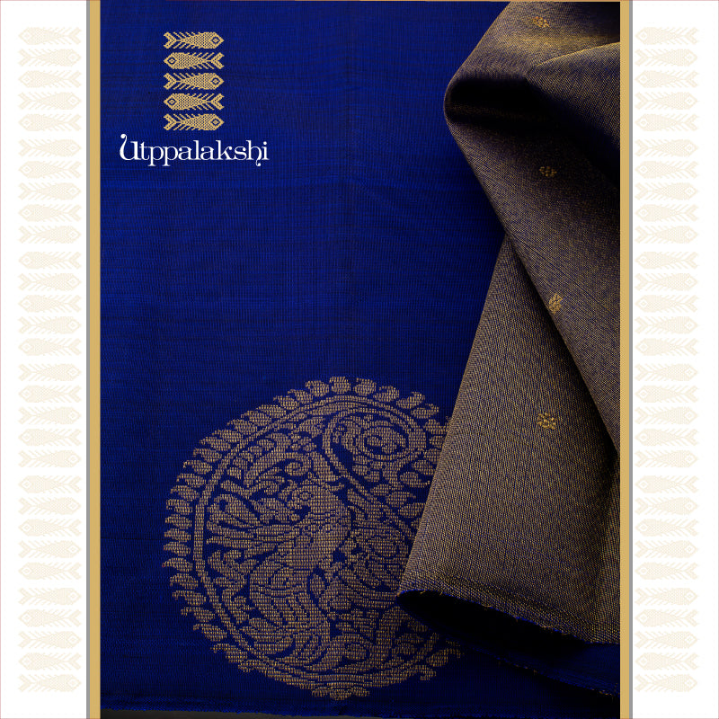 UTPPALAKSHI HANDWOVEN KANJIVARAM SILK SAREE MS BLUE TEMPLE MANGO