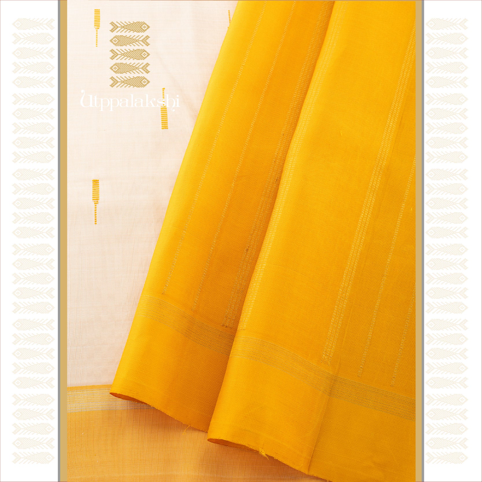UTPPALAKSHI HANDWOVEN KANJIVARAM SILK SAREE CREAM AND YELLOW THREADWORK MALLI MOTTU